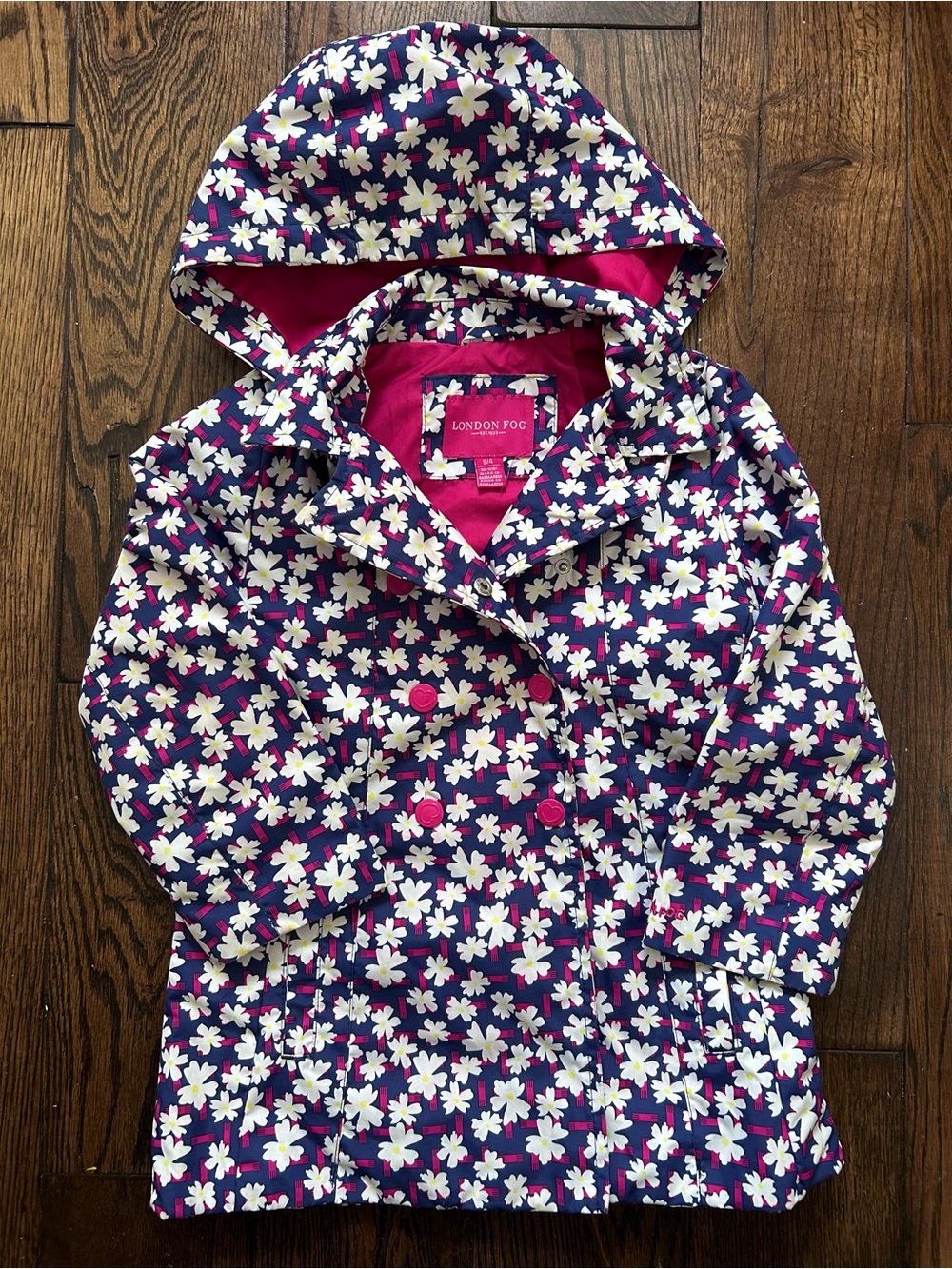 London Fog Purple Floral Hooded Raincoat with Pink Lining